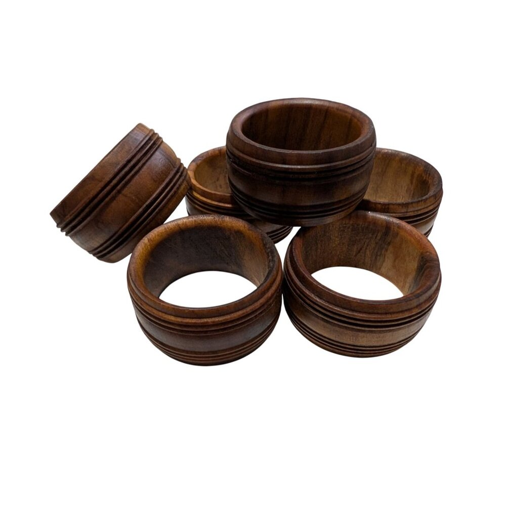 Set 6 Vintage Wooden Napkin Rings Grooved France Holiday Party